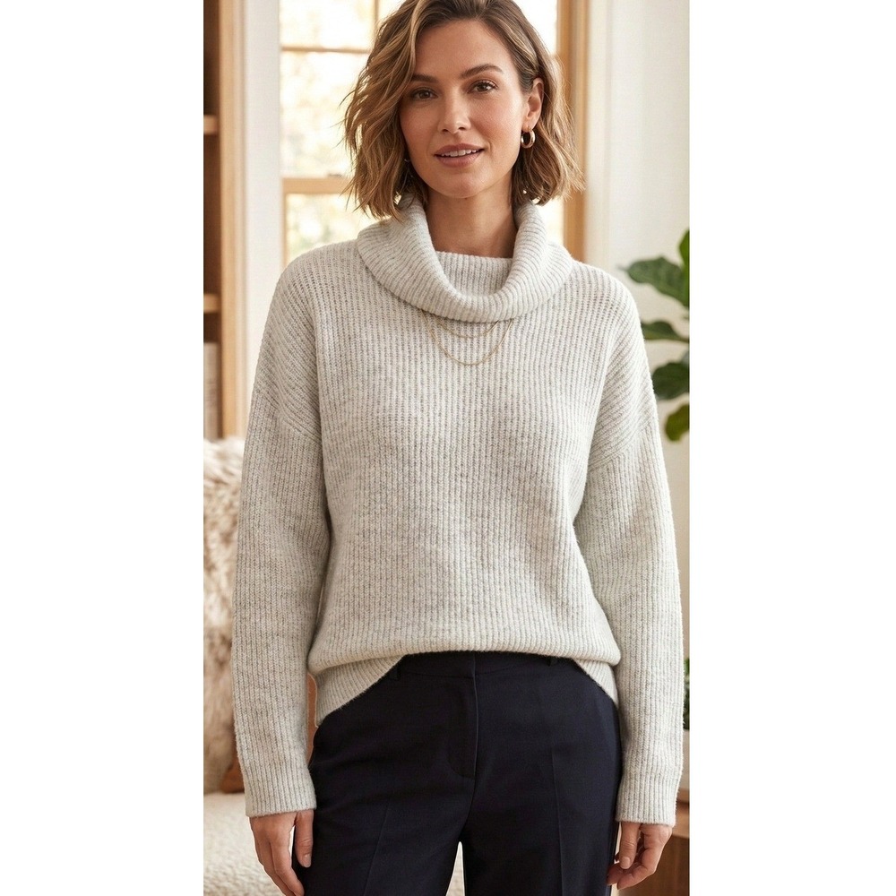 Loft Outlet Lounge Sweater Women's Size L Cowl Neck Ribbed Heather Preppy NWOT